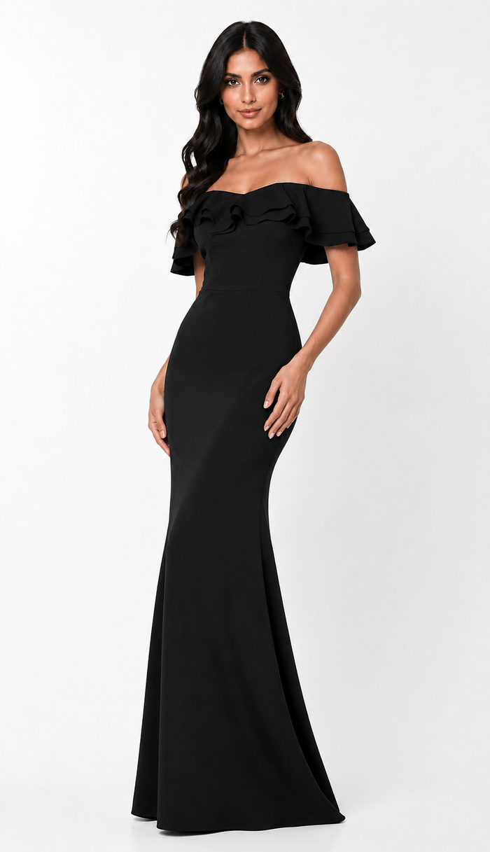 Off-Shoulder Ruffle Mermaid Gown - Midnightw
