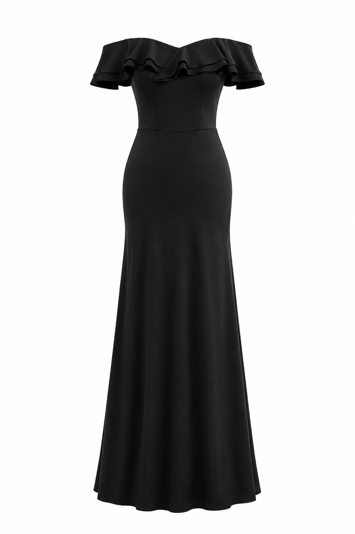 Off-Shoulder Ruffle Mermaid Gown - Midnightw