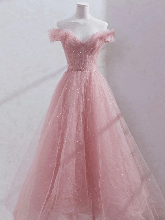 Off Shoulder Sequin Pink Tulle Long Prom Dresses, Pink Off The Shoulder Formal Evening Dresses