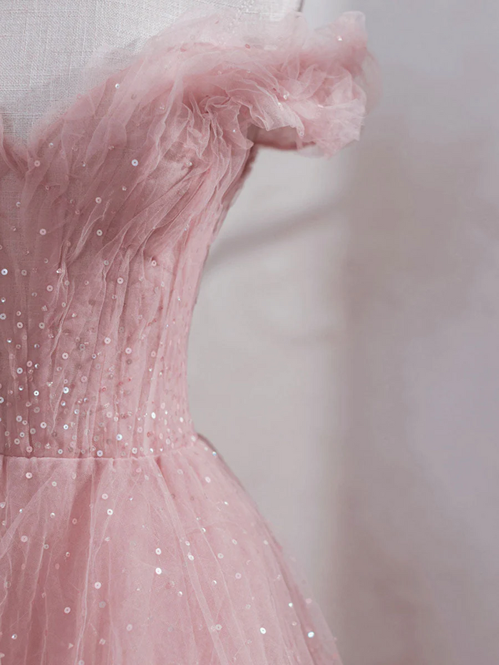 Off Shoulder Sequin Pink Tulle Long Prom Dresses, Pink Off The Shoulder Formal Evening Dresses