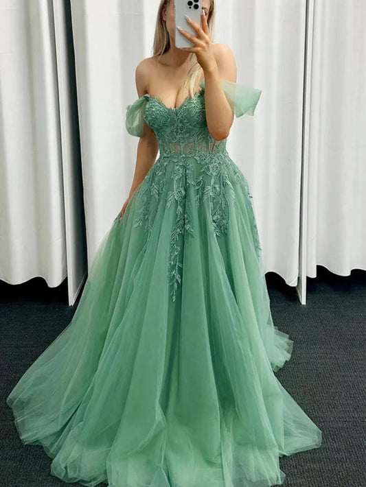 Off the Shoulder Green Lace Tulle Long Prom Dresses, Off Shoulder Lace Green Formal Evening Dresses