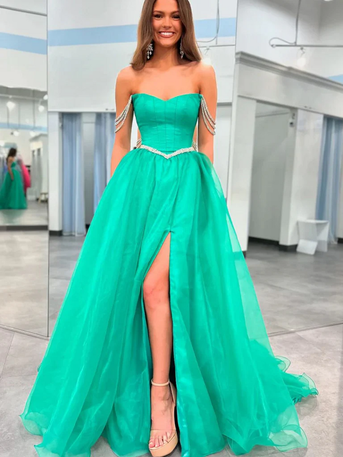 Off the Shoulder Green Organza Prom Dresses, Off Shoulder Green Organza Long Formal Evening Dresses