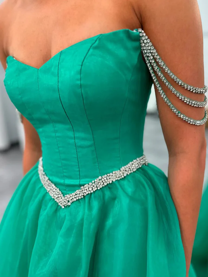 Off the Shoulder Green Organza Prom Dresses, Off Shoulder Green Organza Long Formal Evening Dresses
