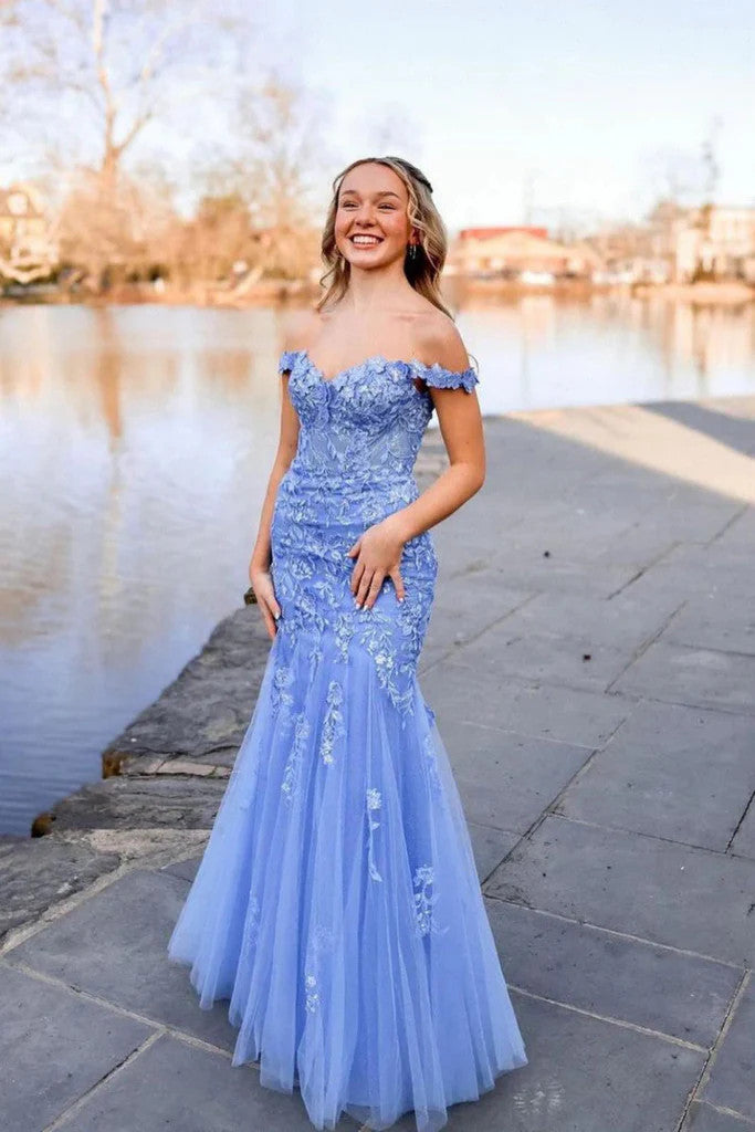 Off The Shoulder Mermaid Blue Lace Long Prom Dresses, Off Shoulder Mermaid Blue Lace Formal Evening Dresses
