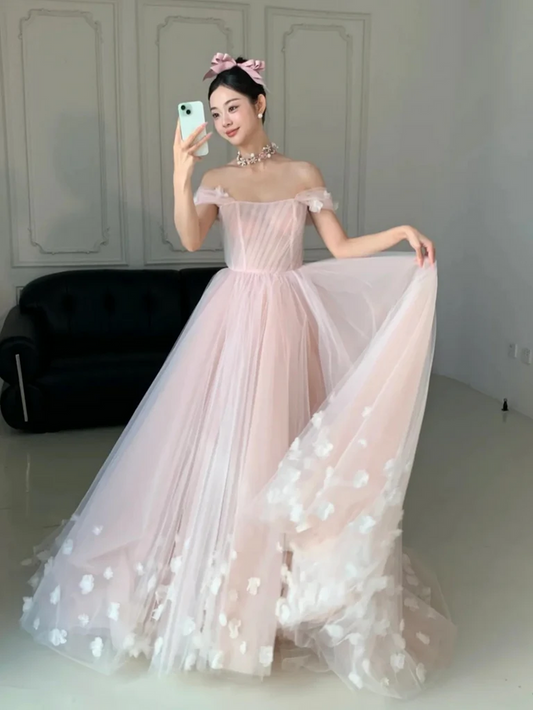 Off the Shoulder Pink Flower Long Prom Dresses, Off Shoulder Pink Floral Long Formal Evening Dresses