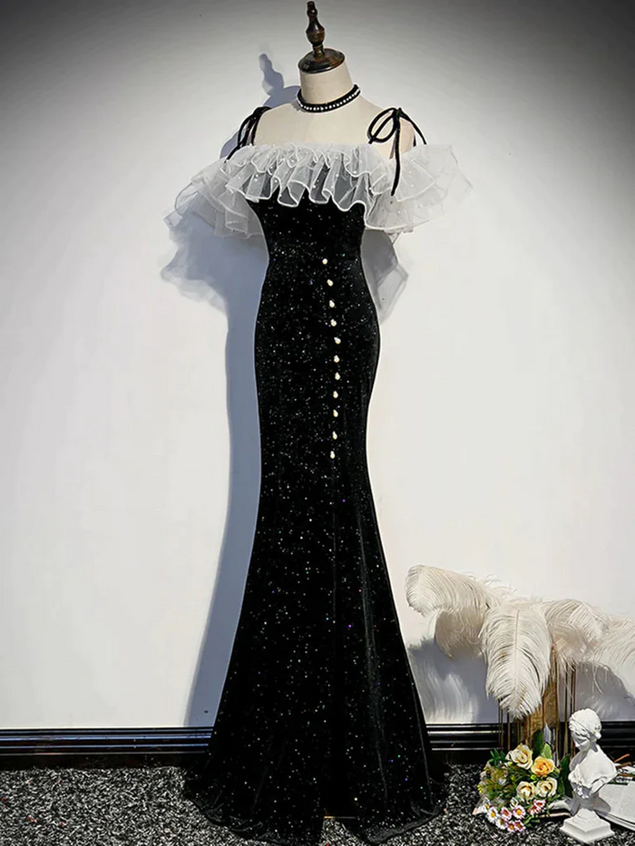 Off the Shoulder Shiny Black Mermaid Prom Dresses, Off Shoulder Shiny Black Long Formal Evening Dresses