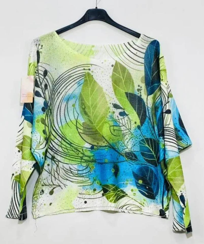 Olive Leaves Round Knit Printed Sweater