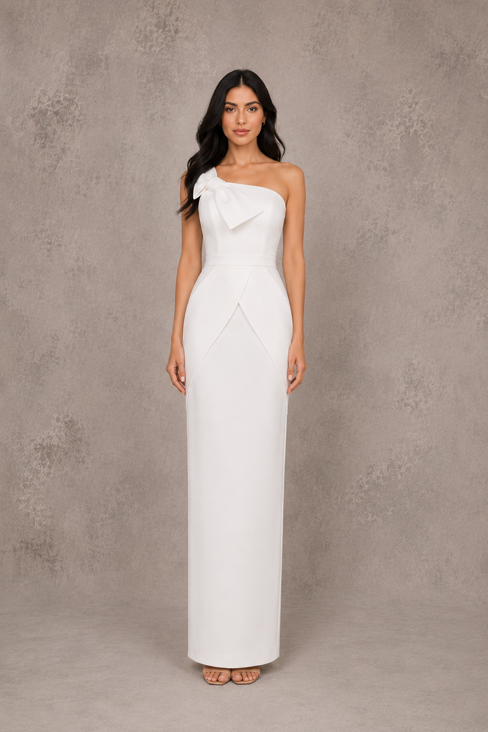 One-Shoulder Bow Column Dress - Ivory