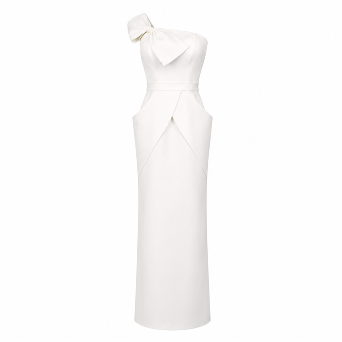 One-Shoulder Bow Column Dress - Ivory