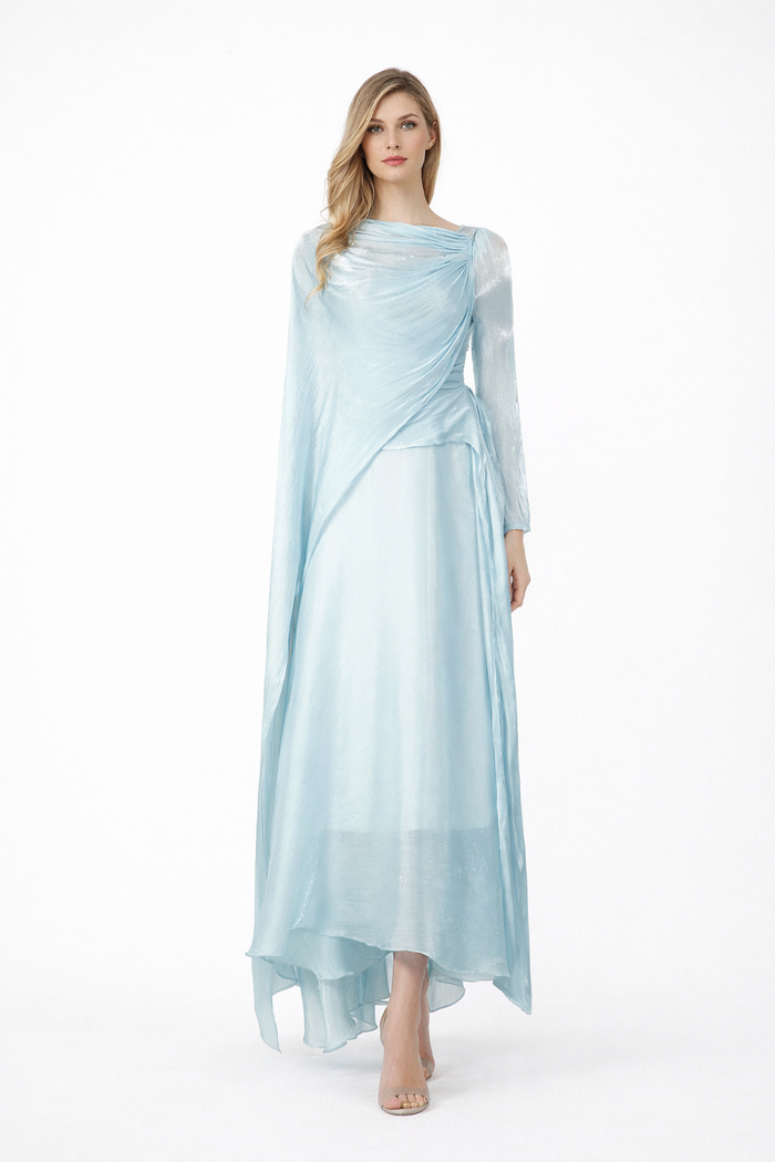 one-shoulder draped chiffon maxi dress with flowing cape detail – BAHGAT