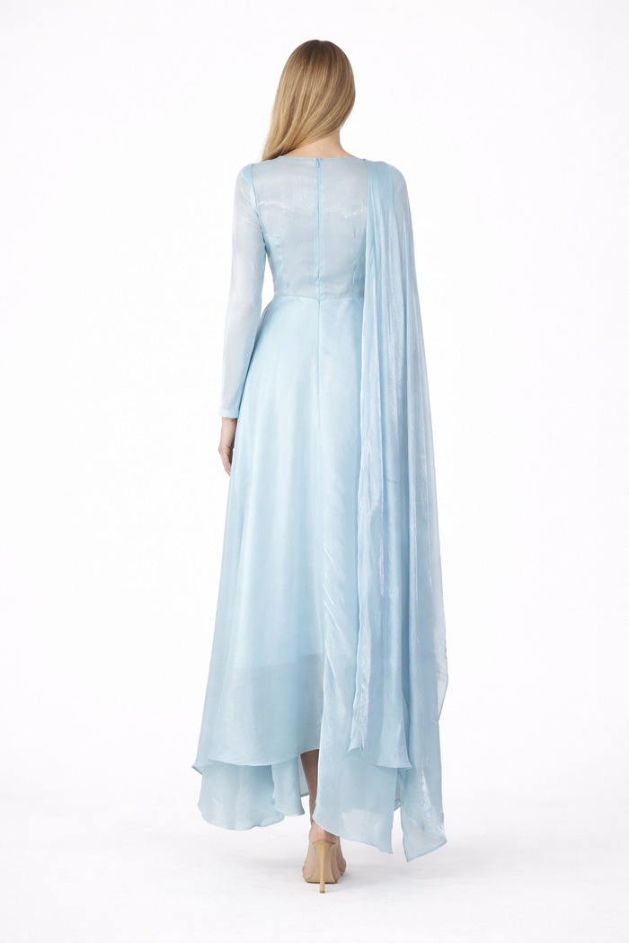 one-shoulder draped chiffon maxi dress with flowing cape detail – BAHGAT