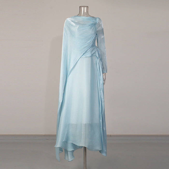 one-shoulder draped chiffon maxi dress with flowing cape detail – BAHGAT