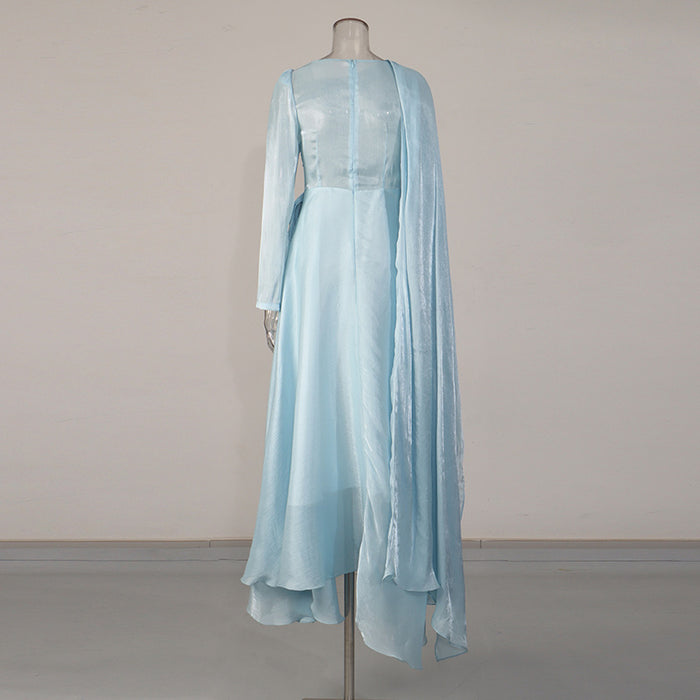 one-shoulder draped chiffon maxi dress with flowing cape detail – BAHGAT