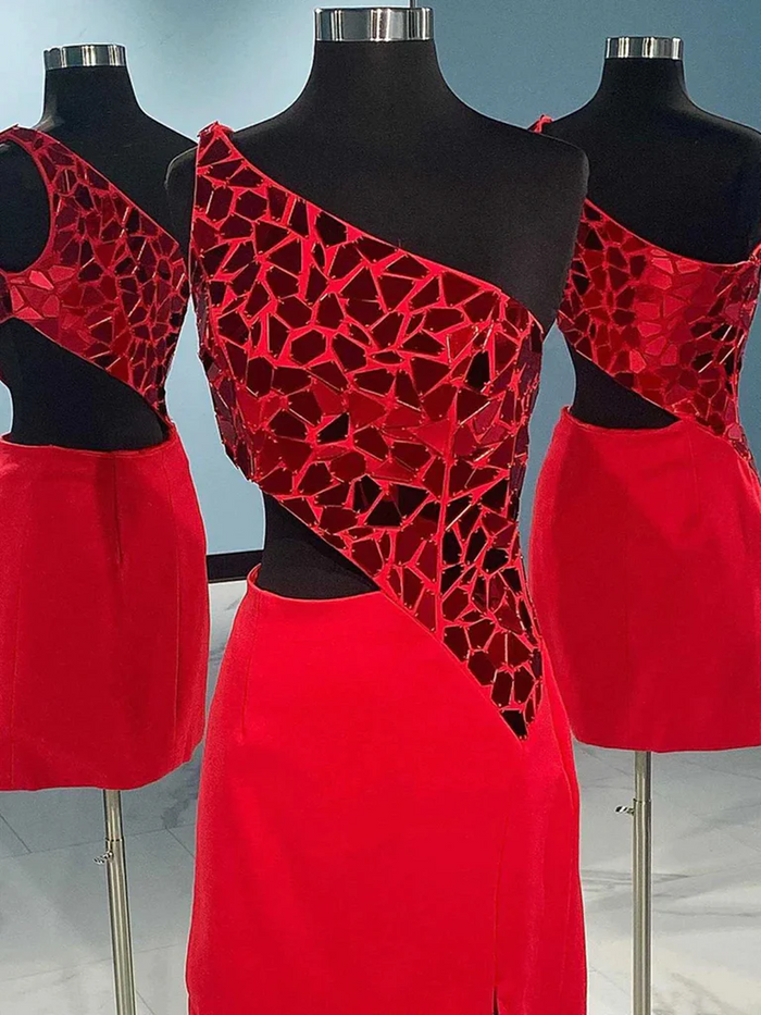 One Shoulder Short Red  Prom Dresses, One Shoulder Short Red  Formal Homecoming Evening Dresses