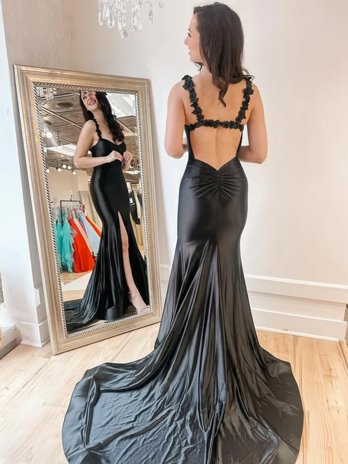Open Back Mermaid Black Satin Long Prom Dresses with High Slit, Mermaid Black Formal Evening Dresses