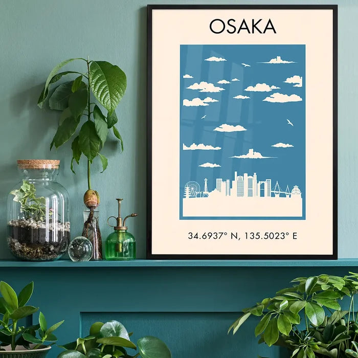 Osaka Tourist Style Print black framed on a living room shelf