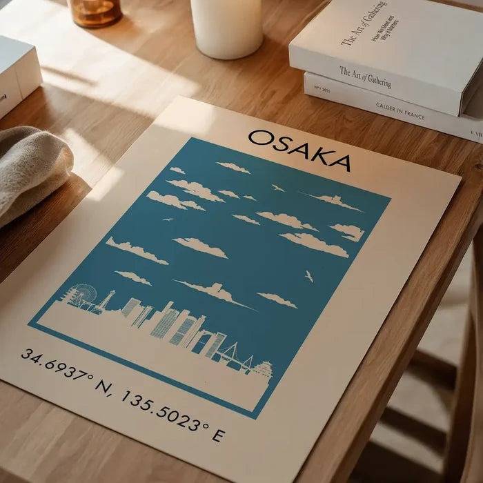 Osaka Tourist Style Print unframed on a home office desk