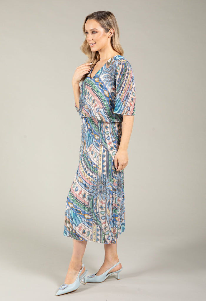 Paisley Print Plisse Pleated Pop Over Dress