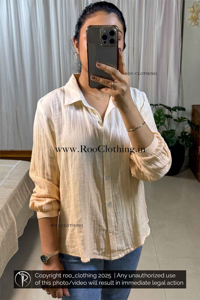 Pastel Peach Ombre Textured Tie-Dyed Loose Fit Full Sleeve Women's Cotton Shirt