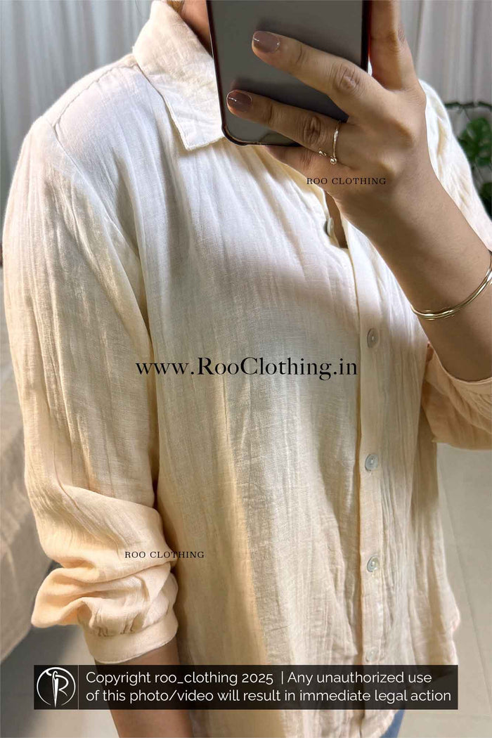 Pastel Peach Ombre Textured Tie-Dyed Loose Fit Full Sleeve Women's Cotton Shirt