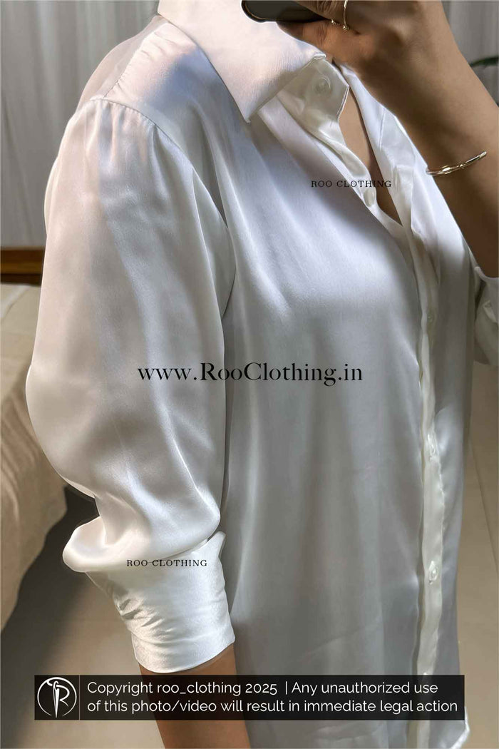 Pearl White Luxe Satin Loose-Fit Shirt