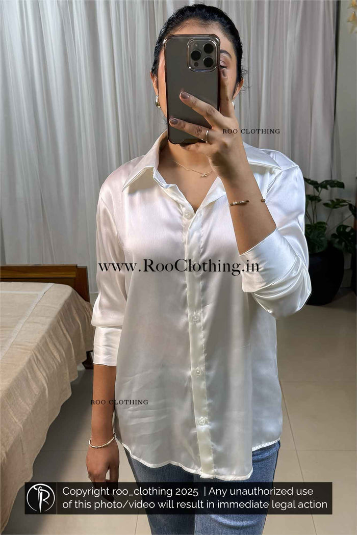 Pearl White Luxe Satin Loose-Fit Shirt