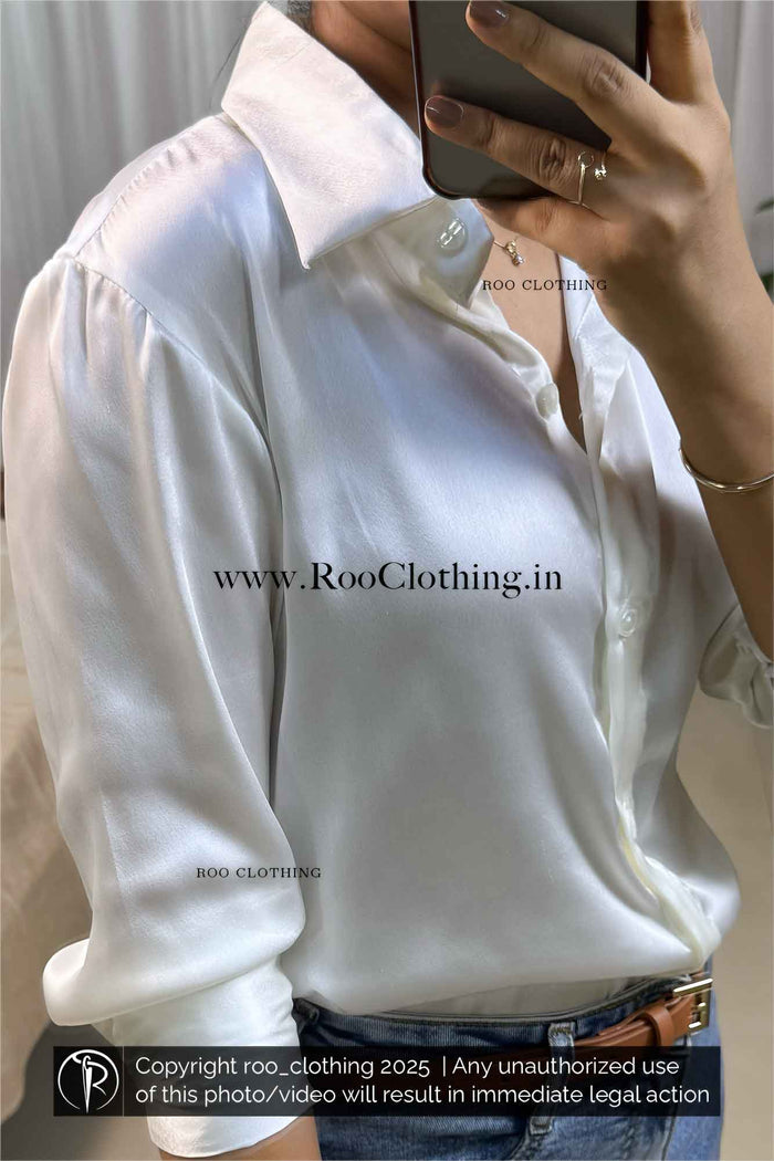 Pearl White Luxe Satin Loose-Fit Shirt