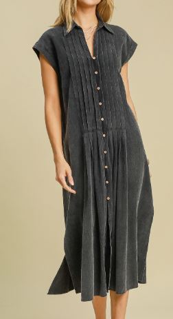 Pintucked Mineral Washed Midi Dress (2 Colors)