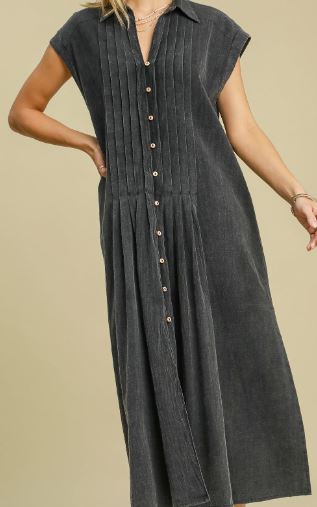Pintucked Mineral Washed Midi Dress (2 Colors)
