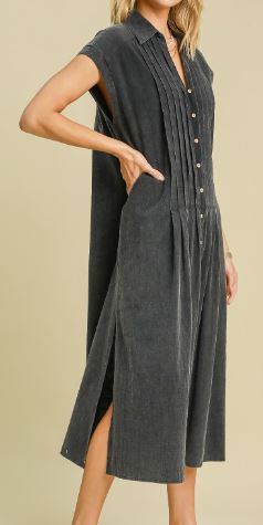 Pintucked Mineral Washed Midi Dress (2 Colors)