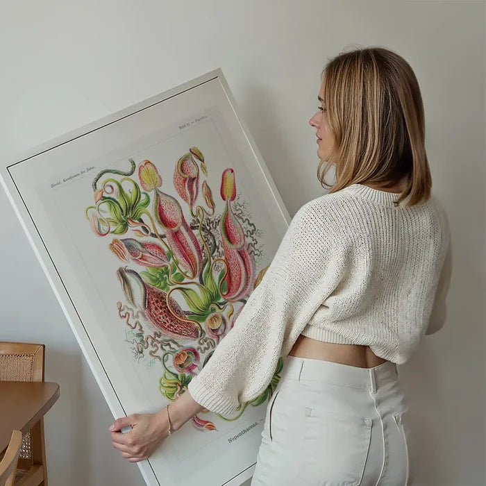 Pitcher Plants Botanical Illustration Print held up against a living room wall