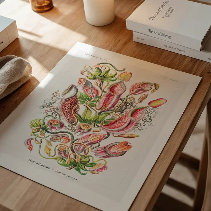 Pitcher Plants Botanical Illustration Print unframed on a home office desk