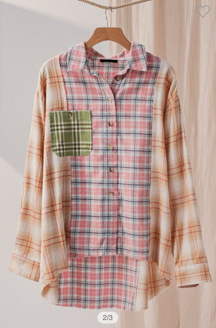 Plaid Patched Oversized Button Down Shirt
