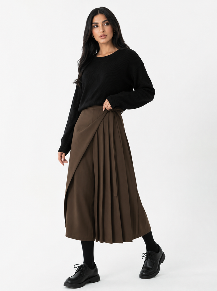 Pleated Wrap Culotte Pants – Mocha