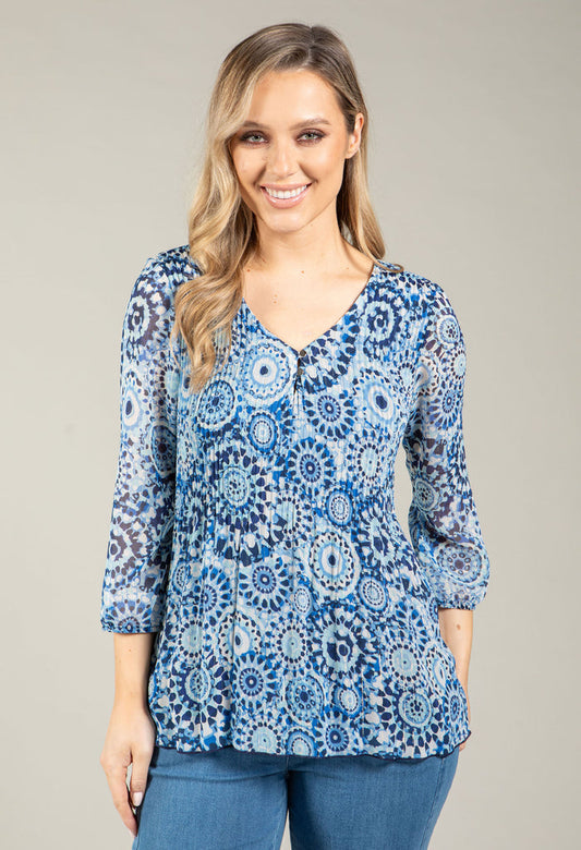 Plisse Pleated Mosaic Print Blouse
