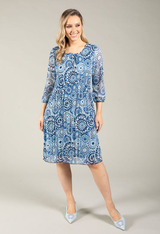 Plisse Pleated Mosaic Print Dress