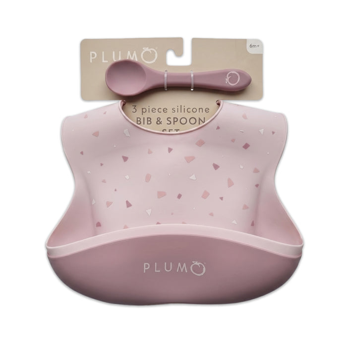PLUM 3 Piece Silicone Bib and Spoon Set - Dusty Berry/Blush Pink - Bubba Blue Australia