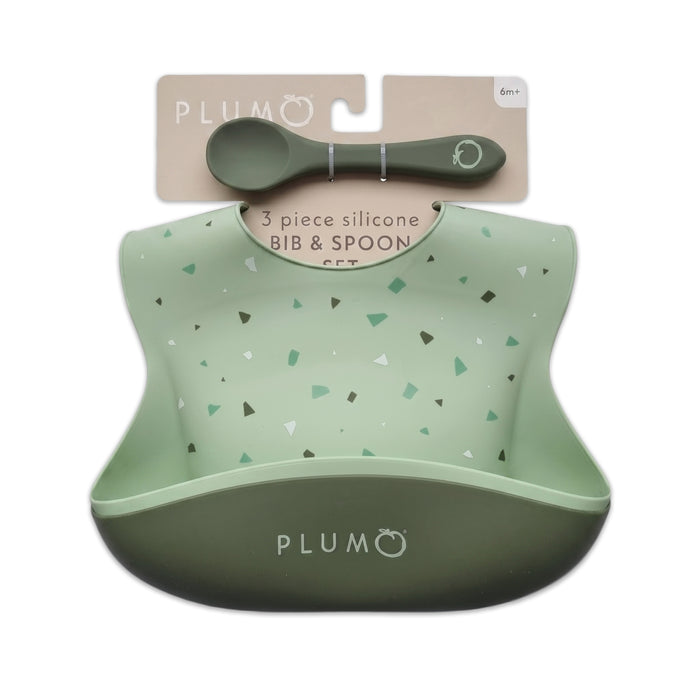 PLUM 3 Piece Silicone Bib and Spoon Set - Olive/Pesto - Bubba Blue Australia