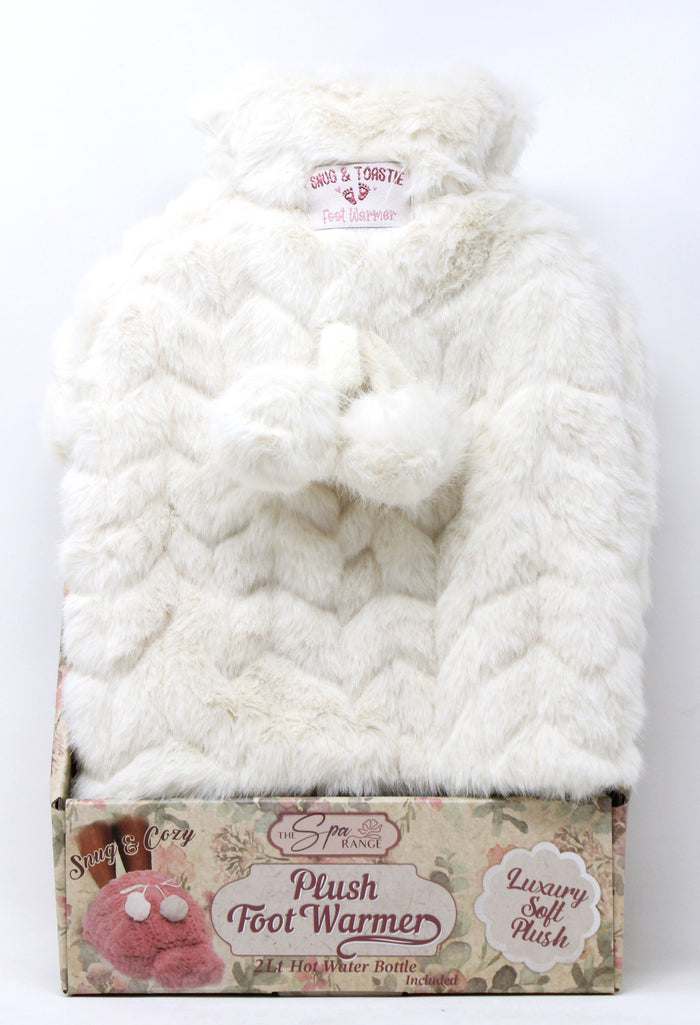 Plush foot warmer in packaging with visible brand label on a white background