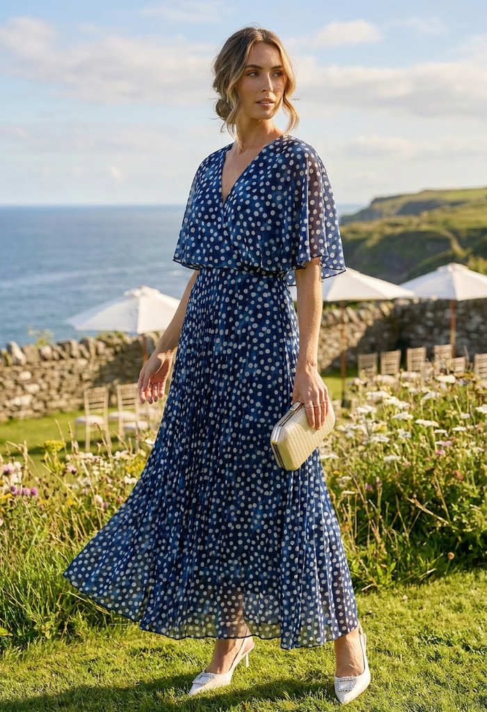 Polka Dot Plisse Pleated Wrap Midi Dress