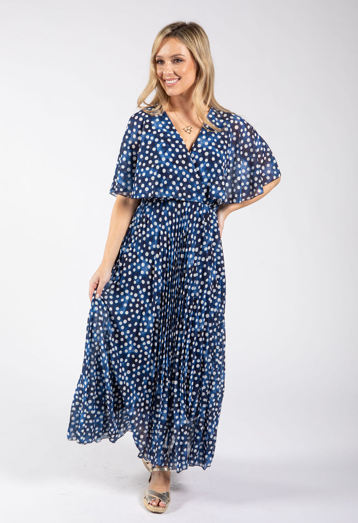 Polka Dot Plisse Pleated Wrap Midi Dress
