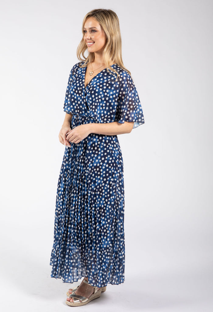 Polka Dot Plisse Pleated Wrap Midi Dress