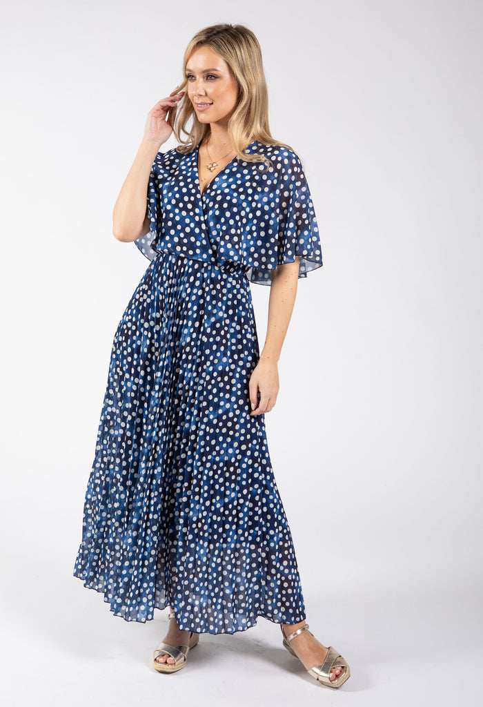 Polka Dot Plisse Pleated Wrap Midi Dress