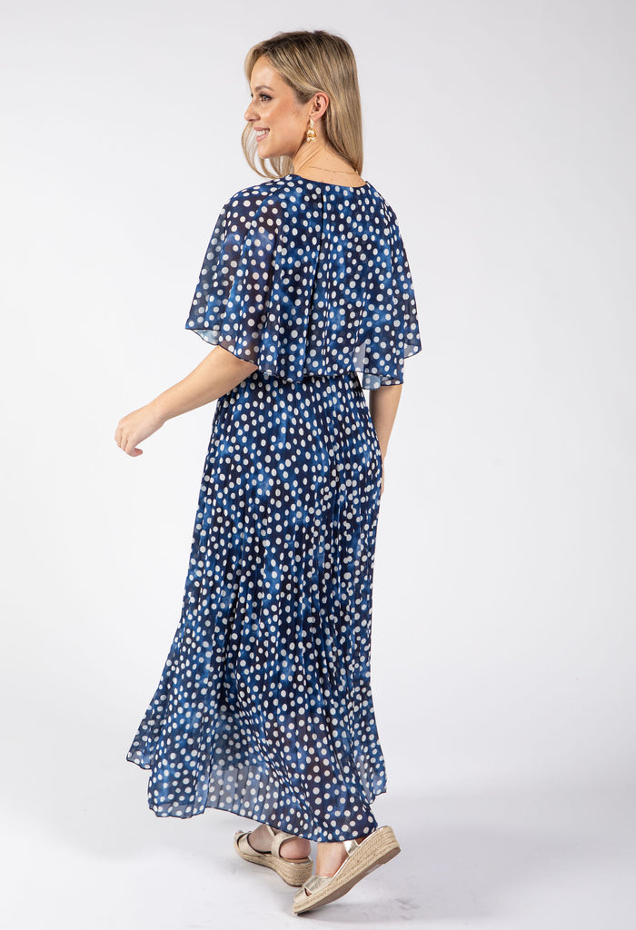 Polka Dot Plisse Pleated Wrap Midi Dress