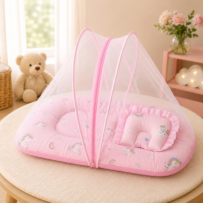 Premium Muslin Baby Mosquito Net Bed with Pillow