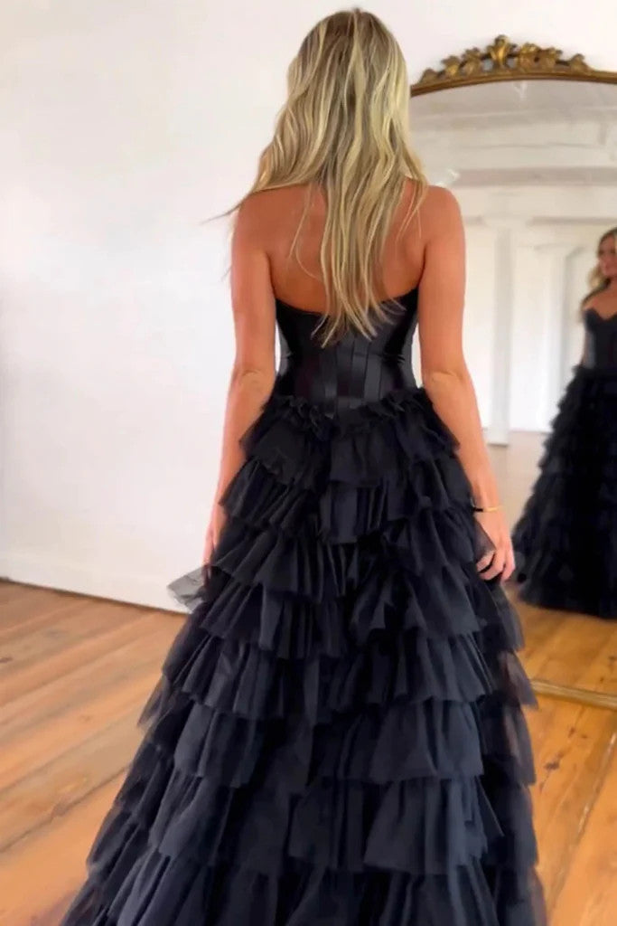 Princess Strapless Black Long Prom Dresses with High Split, Black Tulle Long Formal Evening Dresses