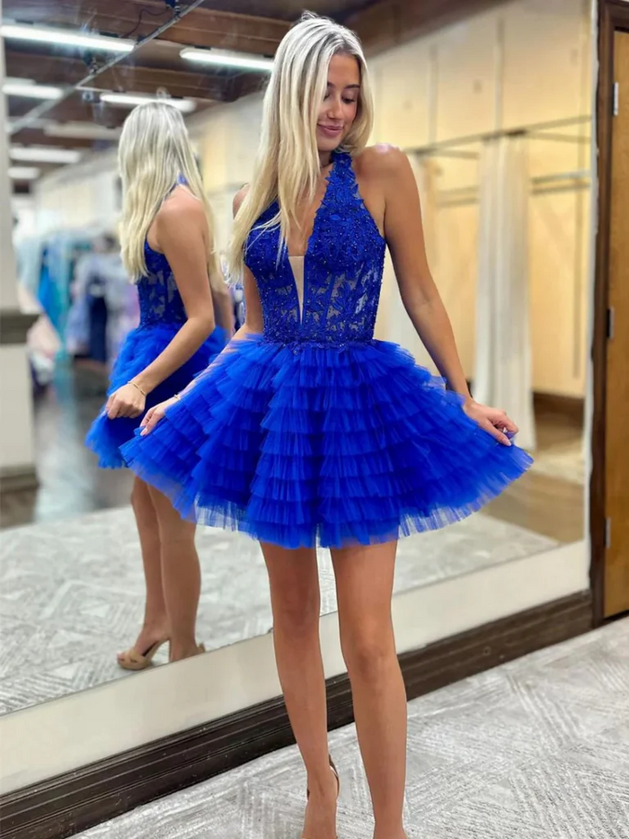 Princess V Neck Ruffle Lace Short Prom Dresses, Blue Lace Formal Graduation Evening Dresses