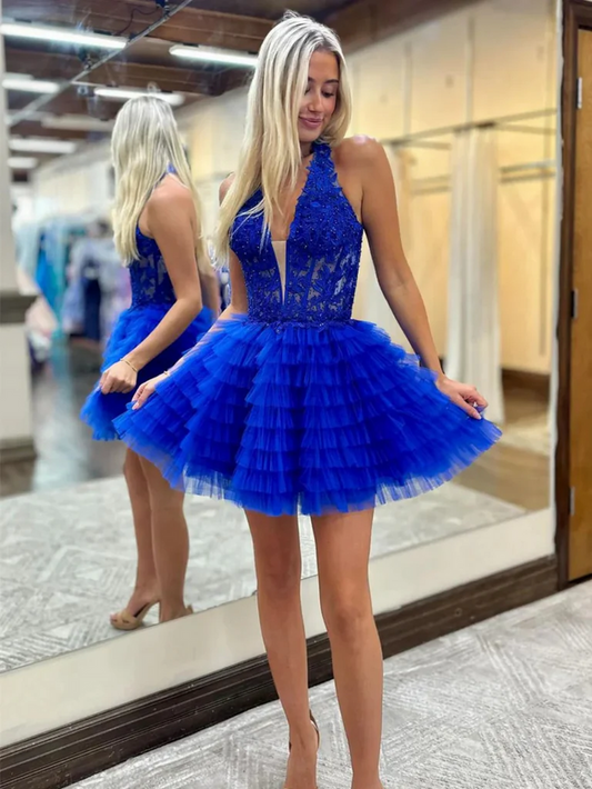 Princess V Neck Ruffle Lace Short Prom Dresses, Blue Lace Formal Graduation Evening Dresses