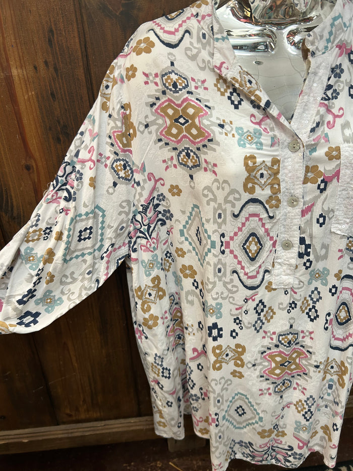 Printed One Pocket Sequin Top