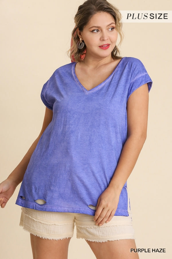 Purple Haze Garment Dyed Short Sleeve V-Neck Top - Plus